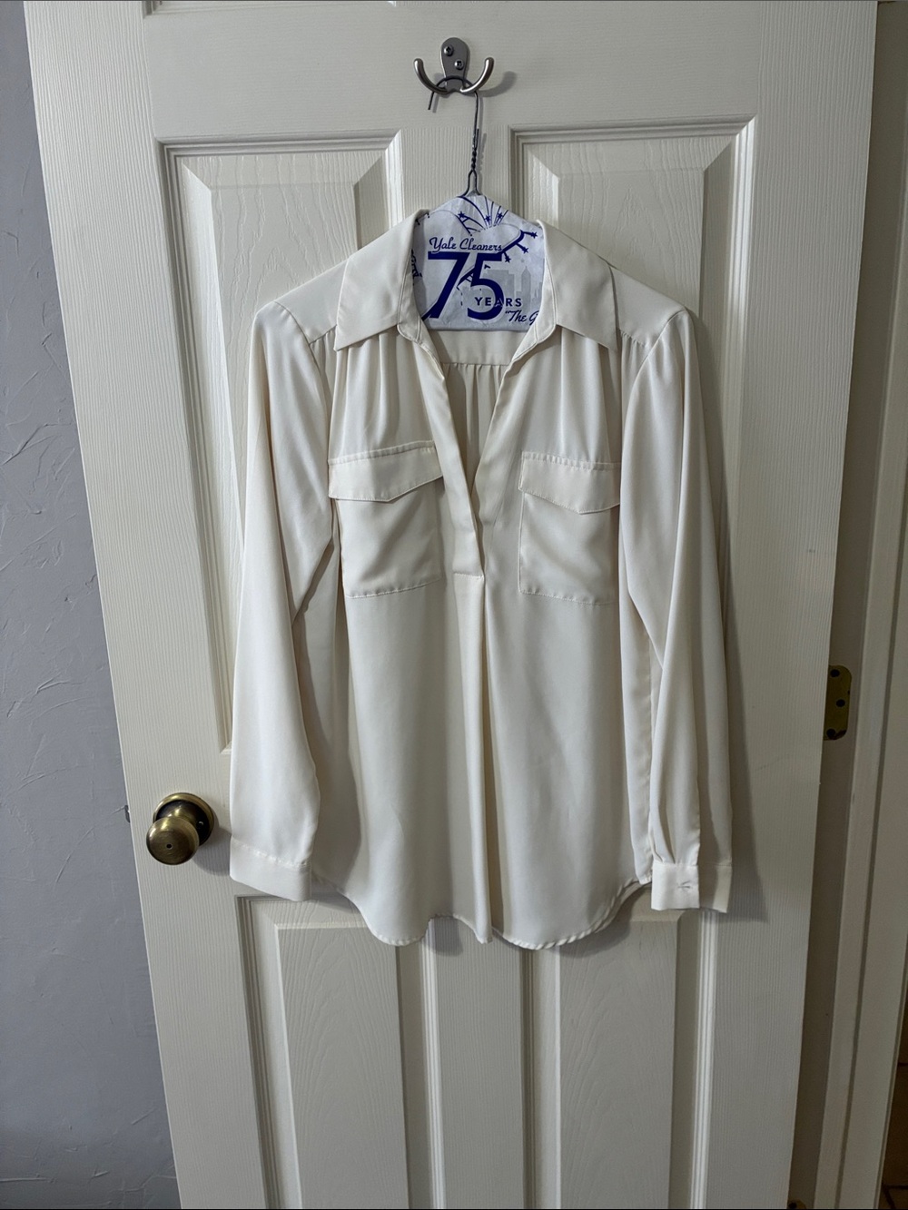 Ann Taylor Cream Long-Sleeve V-Neck Blouse